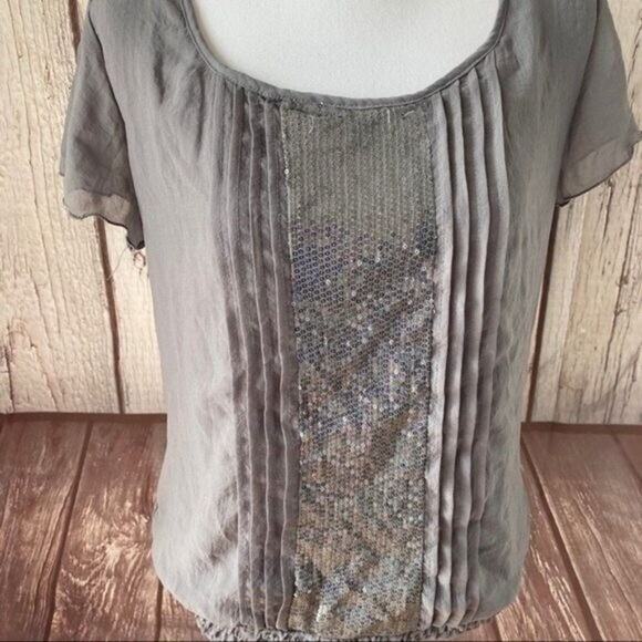 Studio Y Blouse Top Womens Large Gray Pleated Sequin Chiffon Office Capsule - Picture 2 of 13